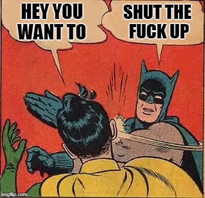 Batman Slapping Robin Meme | HEY YOU WANT TO; SHUT THE FUCK UP | image tagged in memes,batman slapping robin | made w/ Imgflip meme maker