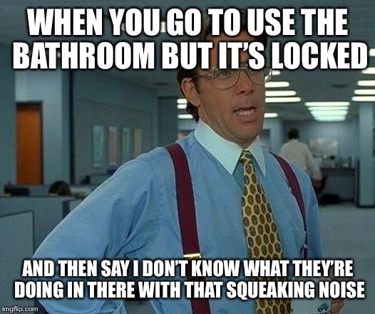 And you don’t realize it until the female you just said that to was kind of laughing.... | WHEN YOU GO TO USE THE BATHROOM BUT IT’S LOCKED; AND THEN SAY I DON’T KNOW WHAT THEY’RE DOING IN THERE WITH THAT SQUEAKING NOISE | image tagged in memes,that would be great | made w/ Imgflip meme maker
