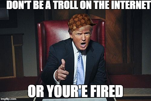 Donald Trump You're Fired | DON'T BE A TROLL ON THE INTERNET; OR YOUR'E FIRED | image tagged in donald trump you're fired,scumbag | made w/ Imgflip meme maker