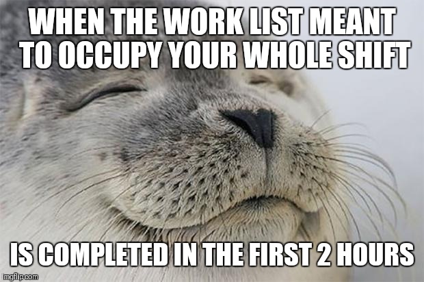 Satisfied Seal | WHEN THE WORK LIST MEANT TO OCCUPY YOUR WHOLE SHIFT; IS COMPLETED IN THE FIRST 2 HOURS | image tagged in memes,satisfied seal,AdviceAnimals | made w/ Imgflip meme maker