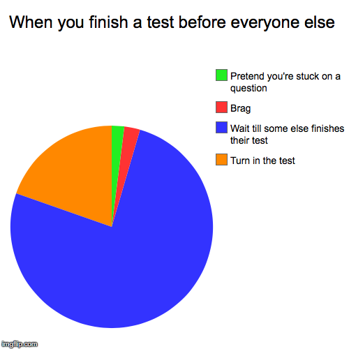 When you finish a test before everyone else | Turn in the test, Wait till some else finishes their test, Brag , Pretend you're stuck on a qu | image tagged in funny,pie charts | made w/ Imgflip chart maker