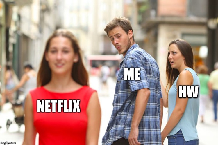 Me and home work every time. | ME; HW; NETFLIX | image tagged in memes,distracted boyfriend | made w/ Imgflip meme maker