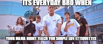 Jake Paul It's Everyday Bro | ITS EVERYDAY BRO WHEN; YOUR MAMA DIDNT TEACH YOU SIMPLE LIFE ETTIQUETTES | image tagged in jake paul it's everyday bro,haters,hatejakepaulers,stupidteam10 | made w/ Imgflip meme maker