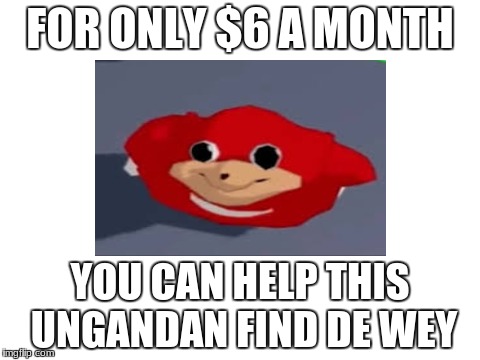 help him find de wey | FOR ONLY $6 A MONTH; YOU CAN HELP THIS UNGANDAN FIND DE WEY | image tagged in ugandan knuckles,de wae | made w/ Imgflip meme maker
