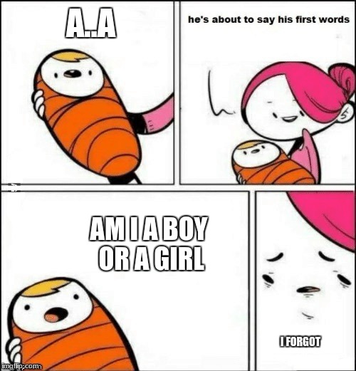 baby first words | A..A; AM I A BOY OR A GIRL; I FORGOT | image tagged in baby first words | made w/ Imgflip meme maker