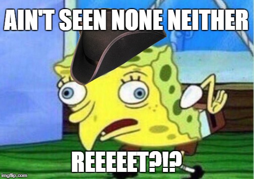 Mocking Spongebob Meme | AIN'T SEEN NONE NEITHER REEEEET?!? | image tagged in memes,mocking spongebob | made w/ Imgflip meme maker