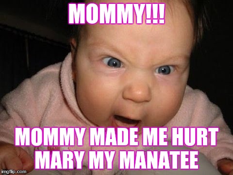 angry baby | MOMMY!!! MOMMY MADE ME HURT MARY MY MANATEE | image tagged in angry baby | made w/ Imgflip meme maker