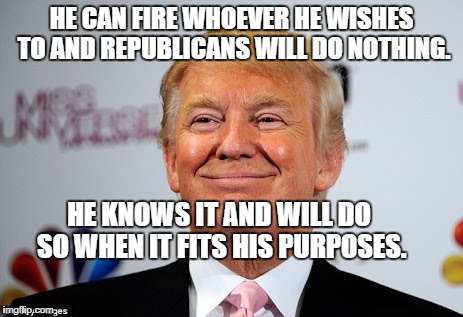 Donald trump approves | HE CAN FIRE WHOEVER HE WISHES TO AND REPUBLICANS WILL DO NOTHING. HE KNOWS IT AND WILL DO SO WHEN IT FITS HIS PURPOSES. | image tagged in donald trump approves | made w/ Imgflip meme maker