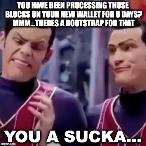  YOU HAVE BEEN PROCESSING THOSE BLOCKS ON YOUR NEW WALLET FOR 6 DAYS? MMM...THERES A BOOTSTRAP FOR THAT; YOU A SUCKA... | image tagged in funny,smartcash | made w/ Imgflip meme maker
