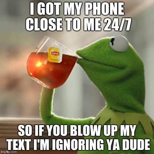 But That's None Of My Business Meme | I GOT MY PHONE CLOSE TO ME 24/7; SO IF YOU BLOW UP MY TEXT I'M IGNORING YA DUDE | image tagged in memes,but thats none of my business,kermit the frog | made w/ Imgflip meme maker