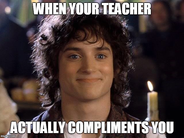 Satisfied Frodo  | WHEN YOUR TEACHER; ACTUALLY COMPLIMENTS YOU | image tagged in satisfied frodo | made w/ Imgflip meme maker