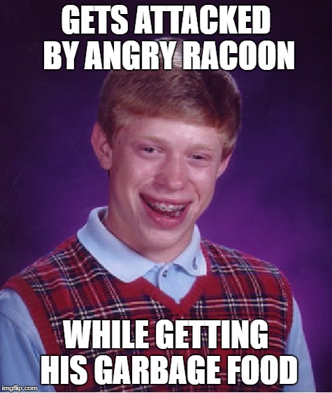 Bad Luck Brian Meme | GETS ATTACKED BY ANGRY RACOON WHILE GETTING HIS GARBAGE FOOD | image tagged in memes,bad luck brian | made w/ Imgflip meme maker