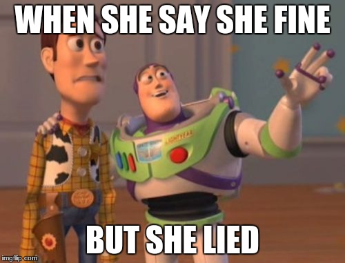X, X Everywhere | WHEN SHE SAY SHE FINE; BUT SHE LIED | image tagged in memes,x x everywhere | made w/ Imgflip meme maker