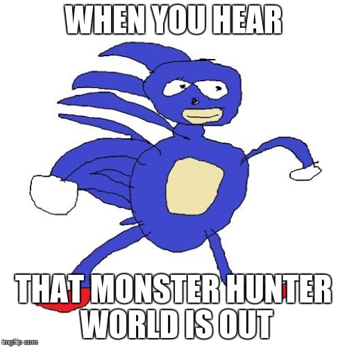 Sanic | WHEN YOU HEAR; THAT MONSTER HUNTER WORLD IS OUT | image tagged in sanic | made w/ Imgflip meme maker