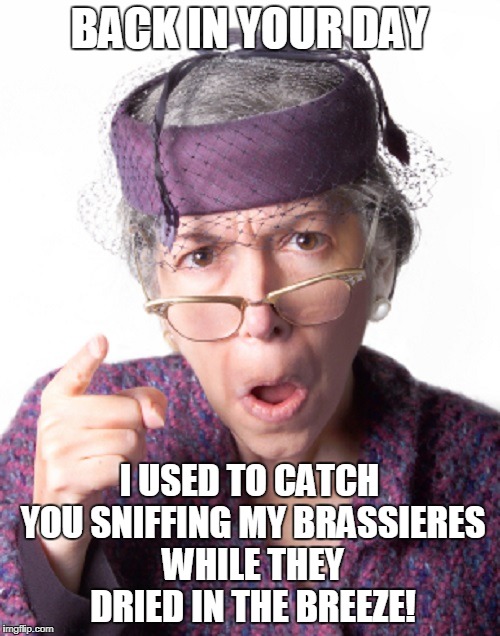 BACK IN YOUR DAY I USED TO CATCH YOU SNIFFING MY BRASSIERES WHILE THEY DRIED IN THE BREEZE! | made w/ Imgflip meme maker