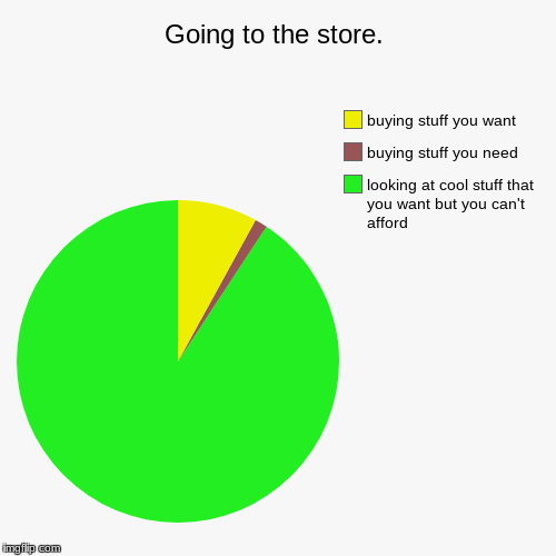 Going to the store. | looking at cool stuff that you want but you can't afford, buying stuff you need, buying stuff you want | image tagged in funny,pie charts | made w/ Imgflip chart maker