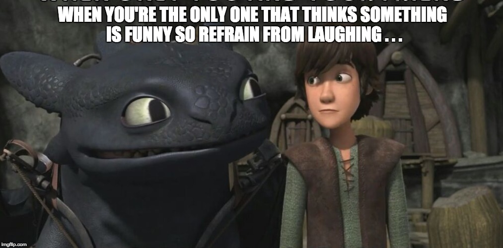 WHEN YOU'RE THE ONLY ONE THAT THINKS SOMETHING IS FUNNY SO REFRAIN FROM LAUGHING . . . | image tagged in toothless,hiccup,how to train your dragon | made w/ Imgflip meme maker