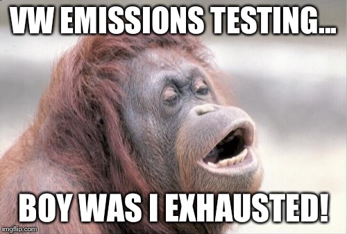 Monkey OOH Meme | VW EMISSIONS TESTING... BOY WAS I EXHAUSTED! | image tagged in memes,monkey ooh,vw,exhausted | made w/ Imgflip meme maker