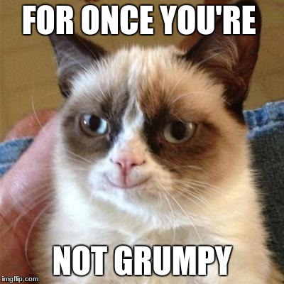 FOR ONCE YOU'RE; NOT GRUMPY | image tagged in smiling grumpy cat | made w/ Imgflip meme maker