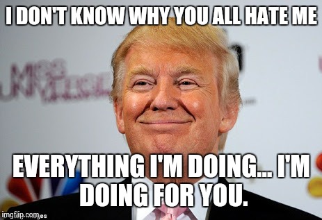 Donald trump approves | I DON'T KNOW WHY YOU ALL HATE ME; EVERYTHING I'M DOING...
I'M DOING FOR YOU. | image tagged in donald trump approves | made w/ Imgflip meme maker