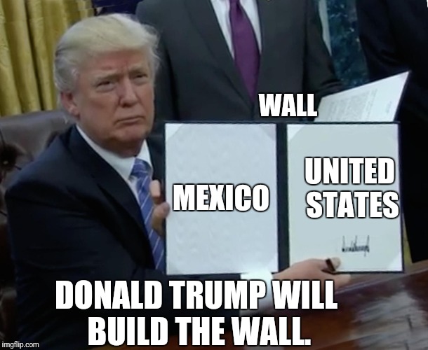 Trump Bill Signing Meme | WALL; MEXICO; UNITED STATES; DONALD TRUMP WILL BUILD THE WALL. | image tagged in memes,trump bill signing,nsfw | made w/ Imgflip meme maker