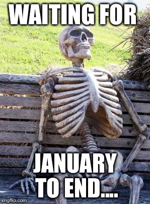 Waiting Skeleton Meme | WAITING FOR; JANUARY TO END.... | image tagged in memes,waiting skeleton | made w/ Imgflip meme maker