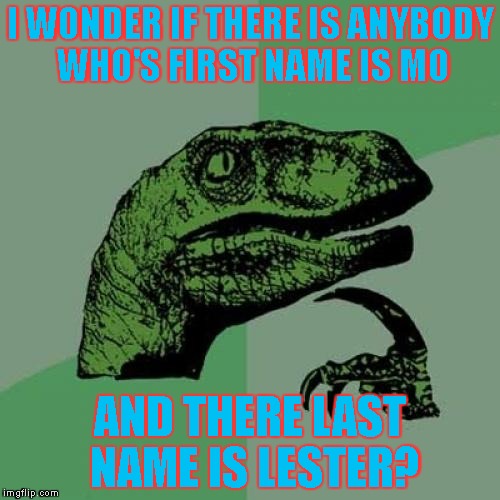 Could It Possibly Be True? | I WONDER IF THERE IS ANYBODY WHO'S FIRST NAME IS MO; AND THERE LAST NAME IS LESTER? | image tagged in memes,philosoraptor | made w/ Imgflip meme maker