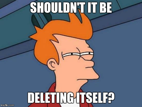 SHOULDN'T IT BE DELETING ITSELF? | image tagged in memes,futurama fry | made w/ Imgflip meme maker
