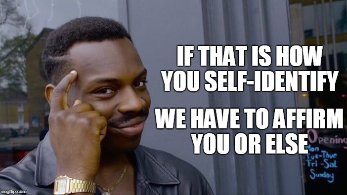 Roll Safe Think About It Meme | IF THAT IS HOW YOU SELF-IDENTIFY WE HAVE TO AFFIRM YOU OR ELSE | image tagged in memes,roll safe think about it | made w/ Imgflip meme maker