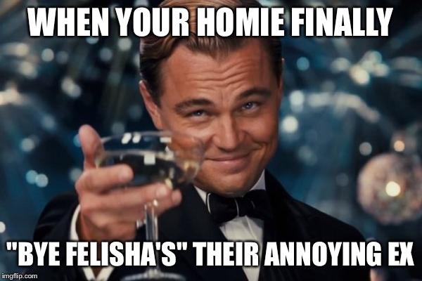 Leonardo Dicaprio Cheers Meme | WHEN YOUR HOMIE FINALLY; "BYE FELISHA'S" THEIR ANNOYING EX | image tagged in memes,leonardo dicaprio cheers | made w/ Imgflip meme maker