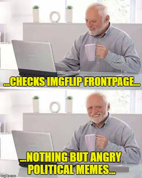 Sometimes you just need a break from the news | ...CHECKS IMGFLIP FRONTPAGE... ...NOTHING BUT ANGRY POLITICAL MEMES... | image tagged in hide the pain harold,democrats,republicans,politics lol,funny not funny,funny because it's true | made w/ Imgflip meme maker