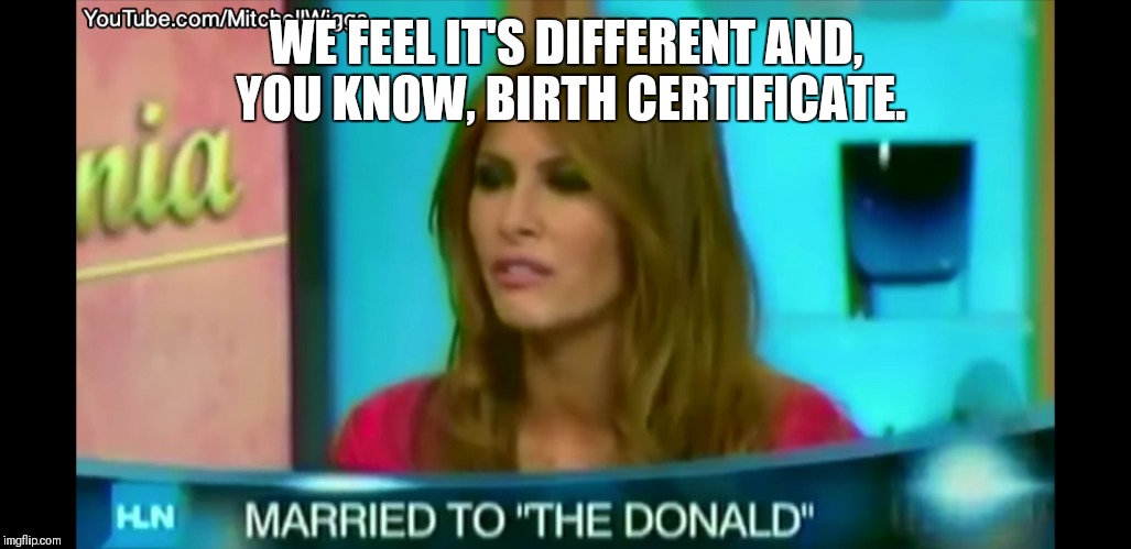 WE FEEL IT'S DIFFERENT AND, YOU KNOW, BIRTH CERTIFICATE. | image tagged in melania trump | made w/ Imgflip meme maker