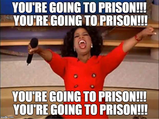 Oprah You Get A Meme | YOU'RE GOING TO PRISON!!! YOU'RE GOING TO PRISON!!! YOU'RE GOING TO PRISON!!! YOU'RE GOING TO PRISON!!! | image tagged in memes,oprah you get a | made w/ Imgflip meme maker