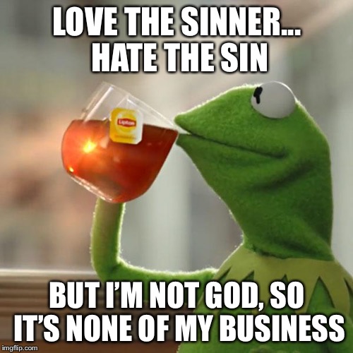 But That's None Of My Business Meme | LOVE THE SINNER... HATE THE SIN BUT I’M NOT GOD, SO IT’S NONE OF MY BUSINESS | image tagged in memes,but thats none of my business,kermit the frog | made w/ Imgflip meme maker