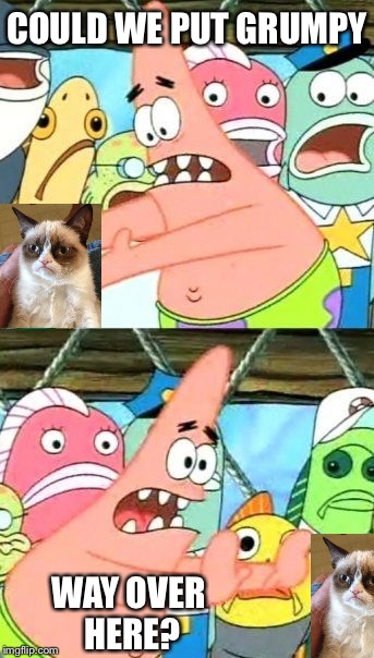He's not in a good mood, ever. | COULD WE PUT GRUMPY; WAY OVER HERE? | image tagged in memes,put it somewhere else patrick,funny,grumpy cat | made w/ Imgflip meme maker