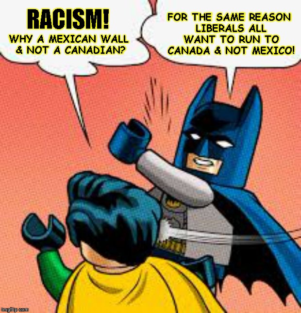 Run For The Border, Eh | RACISM! FOR THE SAME REASON LIBERALS ALL WANT TO RUN TO CANADA & NOT MEXICO! WHY A MEXICAN WALL & NOT A CANADIAN? | image tagged in trump wall,batman slapping robin,racism,mexico,canada,illegal aliens | made w/ Imgflip meme maker