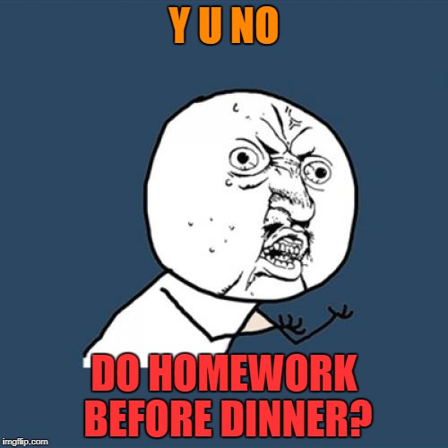 Y U No Meme | Y U NO DO HOMEWORK BEFORE DINNER? | image tagged in memes,y u no | made w/ Imgflip meme maker