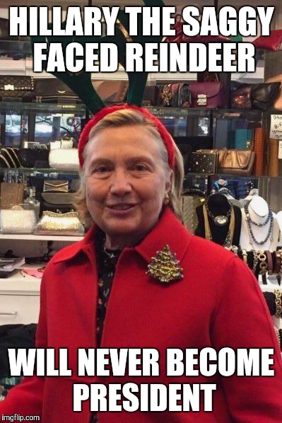  HILLARY THE SAGGY FACED REINDEER; WILL NEVER BECOME PRESIDENT | image tagged in hillary clinton reindeer | made w/ Imgflip meme maker