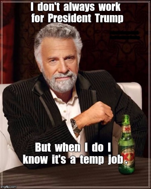 Most Interesting Man Working for Trump | I don't always work for President Trump; But when I do I know it's a temp job. | image tagged in meme,donald trump,the most interesting man in the world,work | made w/ Imgflip meme maker