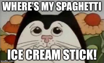Where’s is The Spaghetti Ice Cream Stick? | WHERE’S MY SPAGHETTI; ICE CREAM STICK! | image tagged in cat,funny | made w/ Imgflip meme maker