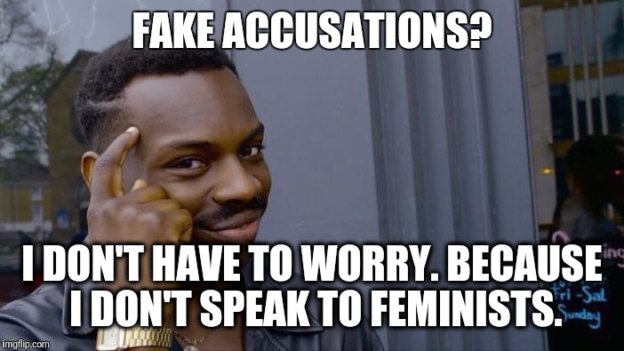 Roll Safe Think About It | FAKE ACCUSATIONS? I DON'T HAVE TO WORRY. BECAUSE I DON'T SPEAK TO FEMINISTS. | image tagged in memes,roll safe think about it | made w/ Imgflip meme maker