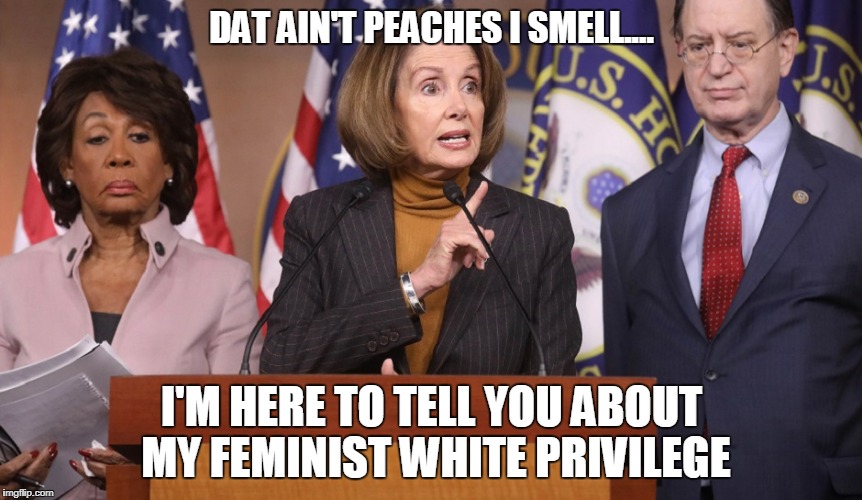 pelosi explains | DAT AIN'T PEACHES I SMELL.... I'M HERE TO TELL YOU ABOUT MY FEMINIST WHITE PRIVILEGE | image tagged in pelosi explains | made w/ Imgflip meme maker