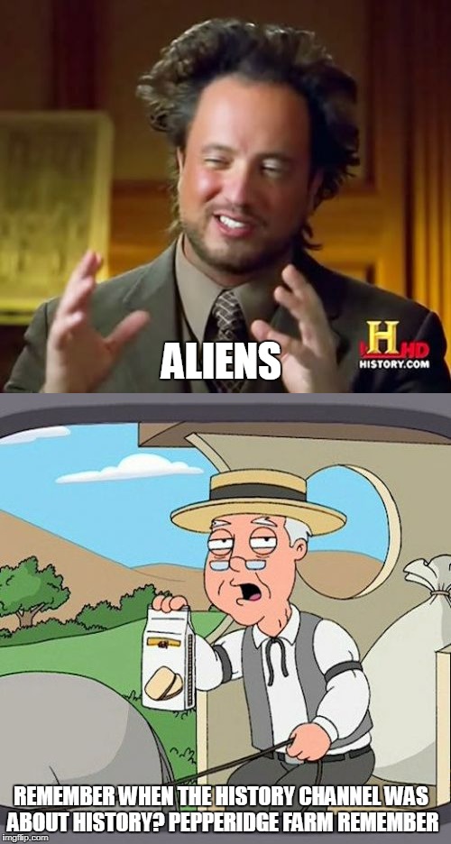 ALIENS; REMEMBER WHEN THE HISTORY CHANNEL WAS ABOUT HISTORY? PEPPERIDGE FARM REMEMBER | image tagged in ancient aliens,pepperidge farm remembers | made w/ Imgflip meme maker