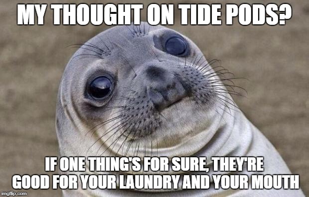 Awkward Moment Sealion Meme | MY THOUGHT ON TIDE PODS? IF ONE THING'S FOR SURE, THEY'RE GOOD FOR YOUR LAUNDRY AND YOUR MOUTH | image tagged in memes,awkward moment sealion | made w/ Imgflip meme maker