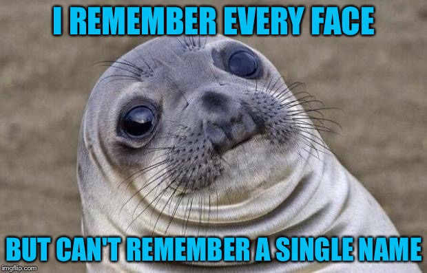 Awkward Moment Sealion | I REMEMBER EVERY FACE; BUT CAN'T REMEMBER A SINGLE NAME | image tagged in memes,awkward moment sealion | made w/ Imgflip meme maker