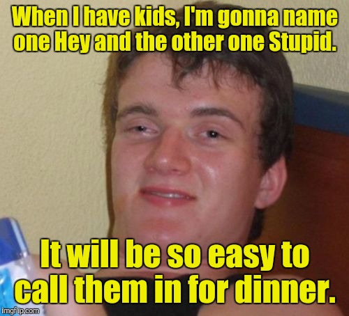 10 Guy Meme | When I have kids, I'm gonna name one Hey and the other one Stupid. It will be so easy to call them in for dinner. | image tagged in memes,10 guy | made w/ Imgflip meme maker