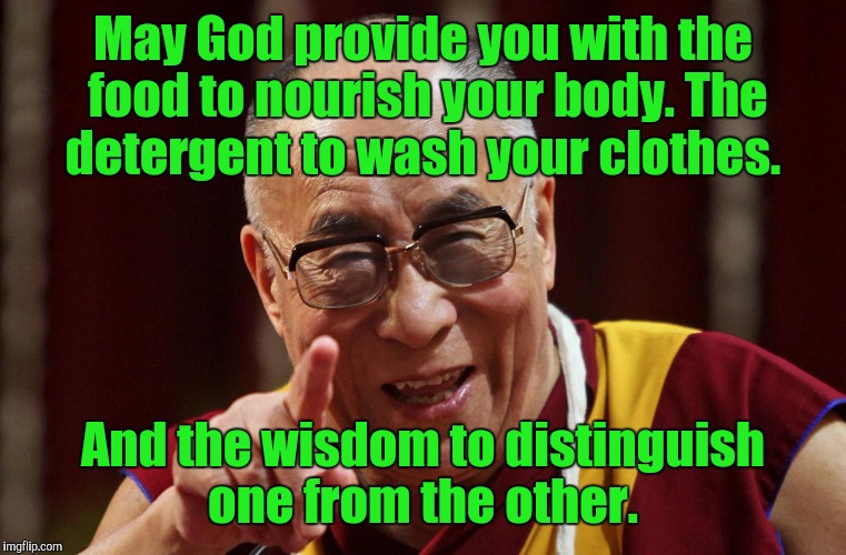 dalai lama | May God provide you with the food to nourish your body. The detergent to wash your clothes. And the wisdom to distinguish one from the other. | image tagged in dalai lama | made w/ Imgflip meme maker