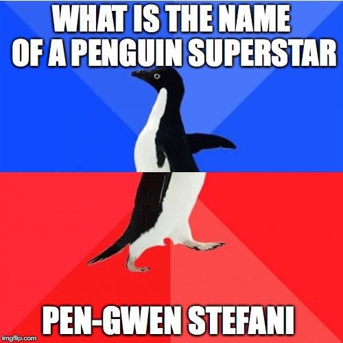 Socially Awkward Awesome Penguin | WHAT IS THE NAME OF A PENGUIN SUPERSTAR; PEN-GWEN STEFANI | image tagged in memes,socially awkward awesome penguin | made w/ Imgflip meme maker