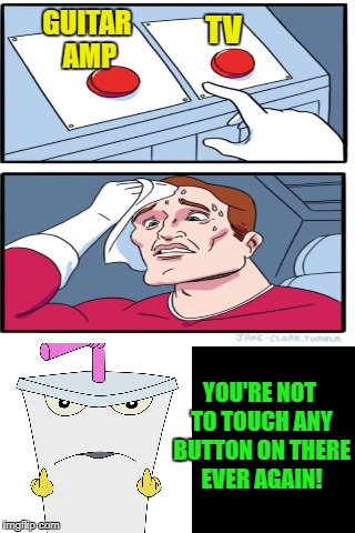 Master Shake | GUITAR AMP; TV; YOU'RE NOT TO TOUCH ANY BUTTON ON THERE EVER AGAIN! | image tagged in funny memes,two buttons,aqua teen hunger force | made w/ Imgflip meme maker