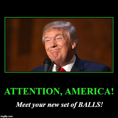 Attention, America! Meet your new set of BALLS! | image tagged in funny,demotivationals,potus,realdonald trump,balls | made w/ Imgflip demotivational maker